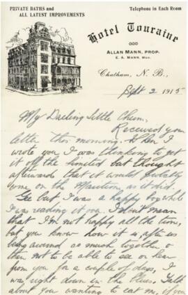 Letter from Captain Graham Roome to Annie Belle Hollett, sent from Chatham, New Brunswick