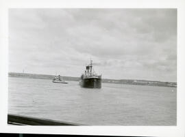 Photograph of a steamer carrying pulpwood in Halifax Harbour