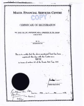 Malta Financial Services Centre certificate of registration for the trust of the Independent Worl...