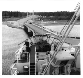 Photograph of a ship docked at a wharf in Goose Bay, Newfoundland and Labrador