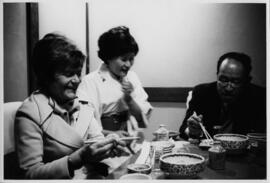 Photograph of Elisabeth Mann Borgese and others dining in Japan
