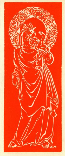 Printed Christmas card in red, depicting Mary and Jesus, designed by D.C. Mackay