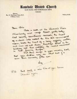Letter from the Reverend G. MacGregor Grant to Avis