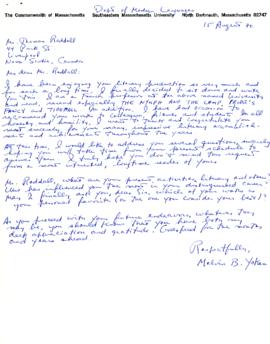 Correspondence between Thomas Head Raddall and Melvin B. Yoken