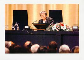 Photograph of Elisabeth Mann Borgese delivering the 1999 Nexus Institute lecture