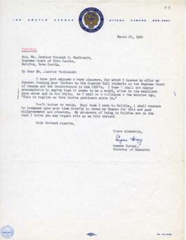 Letter of thanks and admiration from Eugene Forsey, Director of Research for Canadian Labour Cong...