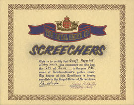 Certificate from The Royal Order of Screechers