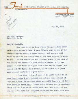 Correspondence between Thomas Head Raddall and The Torch by Canadian Corps Association