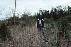 Photograph of an unidentified person standing next to raspberry canes one year after glyphosate s...
