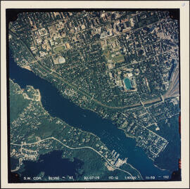 Aerial photograph of the Northwest Arm and the campuses of Dalhousie University and Saint Mary's ...
