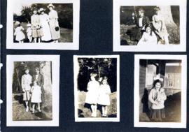 Scrapbook page with photographs of women and children dressed for church and posing on porches or...