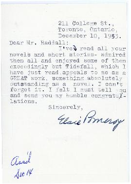Correspondence between Thomas Head Raddall and Elsie Pomeroy