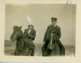 Photograph of Muriel Blakeney and Sidney White on horseback on Sable Island