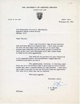 Letter from I.C. Rand, Dean of Law, University of Western Ontario