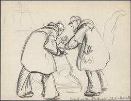 Charcoal and pencil drawing by Donald Cameron Mackay of two sailors chopping ice on the deck of H...