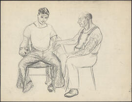 Charcoal and pencil drawing by Donald Cameron Mackay showing sailors at a tattoo parlour