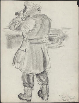Charcoal and pencil drawing by Donald Cameron Mackay of "Guns" MacDonald peering through binocula...
