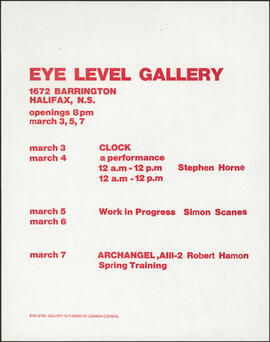 Eye Level Gallery clock (a performance), work In progress, and archangel, AIII-2