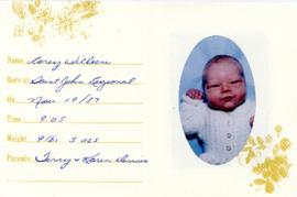 Photograph and birth announcement card for Corey William, son of Terry and Karen Dennis