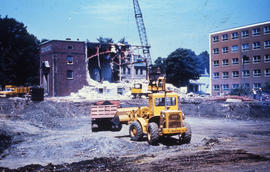 Photograph of the demolition of the Medical-Dental Library, bulldozer and wrecking ball