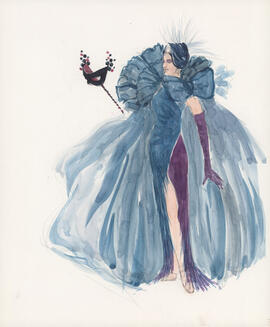 Costume design for woman in blue dress with mask