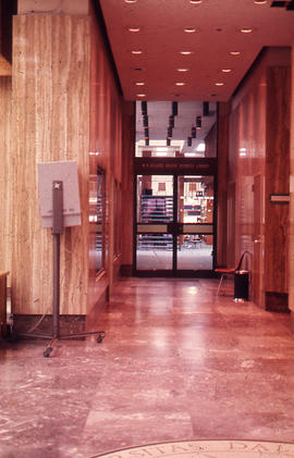 Photograph of the Tupper Building entryway facing the W.K. Kellogg Library entrance