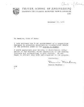 Memo from Dennis Meadows enclosed with 2005 Mitchell Prize paper competition announcement