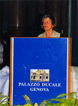 Photograph of Elisabeth Mann Borgese speaking at the international conference on education and tr...