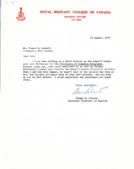Correspondence between Thomas Head Raddall and Thomas B. Vincent