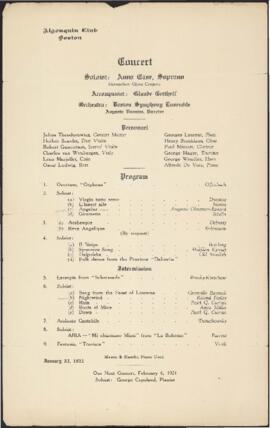 Algonquin Club concert program with soprano Anna Case and the Boston Symphony Ensemble
