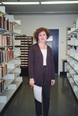 Photograph of Alice Stover in the Cataloguing Department at the Killam Memorial Library