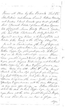 Property Deed for a parcel of land between John and Simeon Leonard Perkins and Nathan Tupper