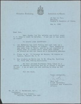 Ronald St. John Macdonald's correspondence regarding Ti-Chiang Chen's visit to Dalhousie Universi...