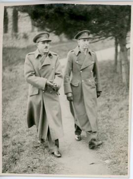 Photograph of Richard Roome and one unidentified officer, walking at an English training camp