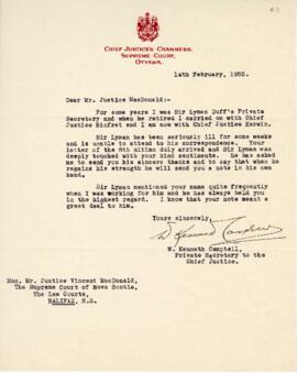 Letter of thanks from W. Kenneth Campbell on behalf of Sir Lyman, Chief Justice