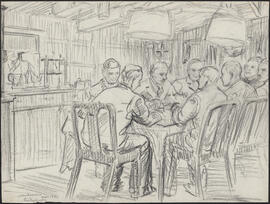 Charcoal and pencil sketch by Donald Cameron Mackay of naval officers gathered in the wardroom of...