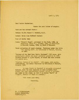 Correspondence between Thomas Head Raddall and V. B. Rhodenizer