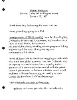 Speaking notes for an alumni reception at the Toronto Club