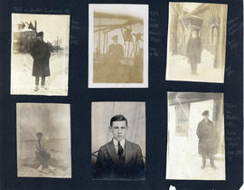 Scrapbook page with photographs of wireless operator Thomas Head Raddall posing in various locati...