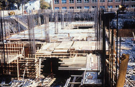 Photograph of the construction of the Tupper Building, laying the foundation