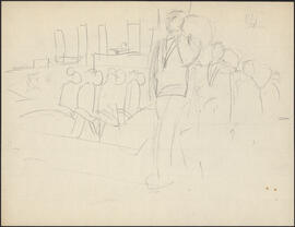 Pencil study sketch by Donald Cameron Mackay showing sailors carrying duffelbags boarding a ship