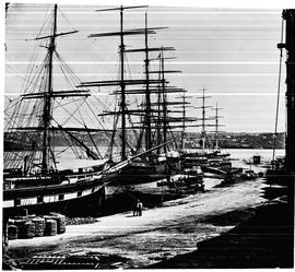 Photographic negative of a photograph of three ships docked