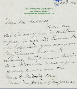 Correspondence between Thomas Head Raddall and John Wentworth
