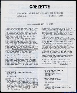 Gaezette : newsletter of the Gay Alliance for Equality, issue 4, 1986