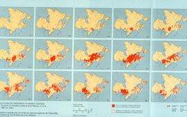 Collage of maps showing the spread of spruce budworm in eastern Canada, 1967-1981