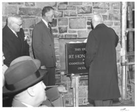 Photograph of the Cornerstone laying at Howe Hall the new Men's Residence