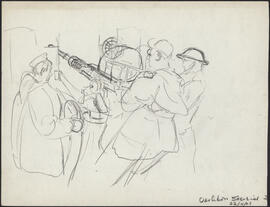 Charcoal and pencil study sketch by Donald Cameron Mackay of sailors performing exercises on an O...