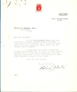Correspondence between Thomas Head Raddall and Arthur Roberts