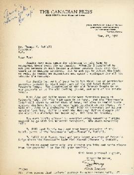 Correspondence between Thomas Head Raddall and Jack Braley, Canadian Press