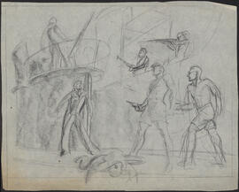 Charcoal and pencil study sketch by Donald Cameron Mackay of an armed confrontation on the deck o...